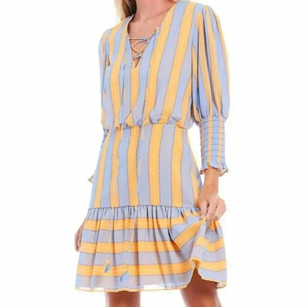 {Sachin & Babi} Deanna Lace-up V-Neck 3/4 Sleeve Ruffle Dress - Size 2 - Picture 4 of 17